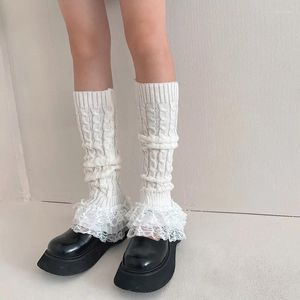 Chaussettes Lolita en dentelle pour femmes, chauffe-jambes tricotées, longues, japonaises, automne hiver, rayures torsadées, couvre-pieds, JK, manchettes de bottes, bas