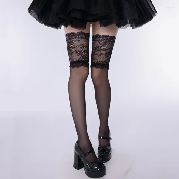 Chaussettes Lolita en dentelle à volants pour femmes, bas Ultra-fins transparents, cuisses hautes, bas de genou pour filles