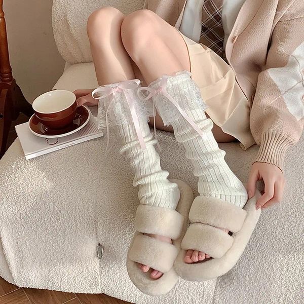 Calcetines de mujer Lolita medias con volantes de encaje lindo lazo tejido cubierta de pie hasta la rodilla JK Sweet Girls Kawaii