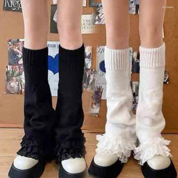 Calcetines de mujer Lolita encaje dulce japonés sobre la rodilla invierno cálido tejido Y2K cubre botas Harajuku puños calcetín JK