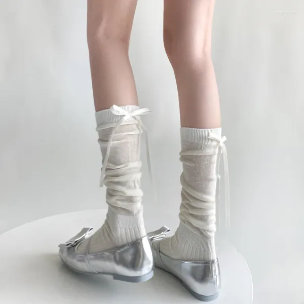 Mujeres calcetines lolita larga cinta de vendaje arco dulce chicas kawaii lindo metal ballet estilo sólido blanco blanco