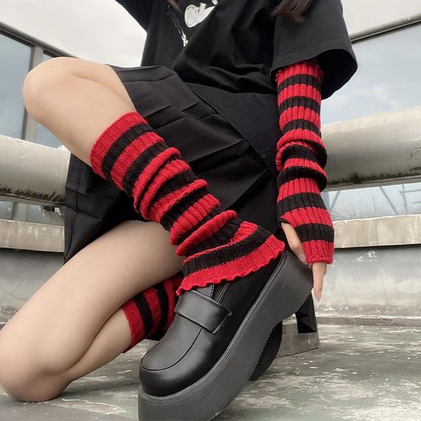 Calcetines largos Lolita para mujer, tira roja y negra, calentador de brazos, manga cálida, puños para botas de ganchillo para otoño e invierno