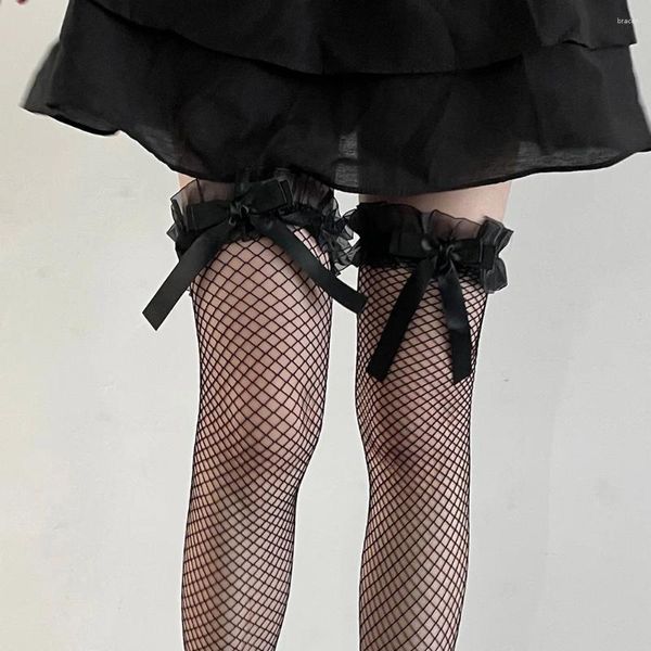 Calcetines de mujer Lolita medias con volantes Kawaii Bowknot Sweet Girls lindo muslo alto Sexy encaje malla Fishnet