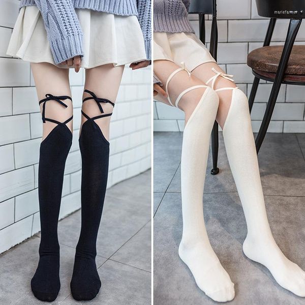 Calcetines de mujer, medias de Lolita, mallas japonesas de primavera, chica de Anime Kawaii, medias por encima de la rodilla en blanco y negro, tiras cruzadas, Cosplay