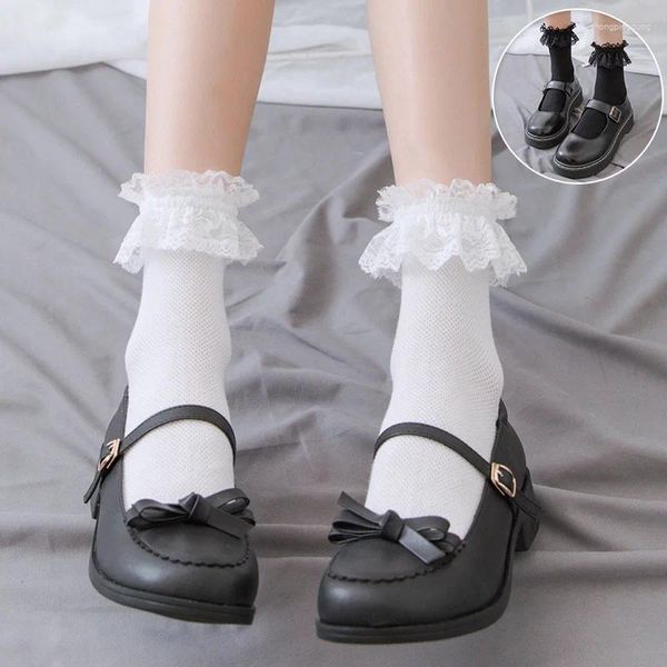 Chaussettes Style Lolita japonais Kawaii pour femmes, mignonnes à volants, à volants, en maille blanche et noire, en dentelle, pour filles, courtes, Harajuku