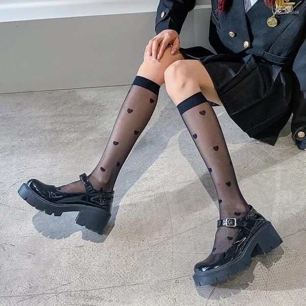 Chaussettes Style Lolita JK pour femmes, bas doux pour filles, imprimé cœur, japonais Kawaii, mignon, Long été, ultra fin, hauteur du genou