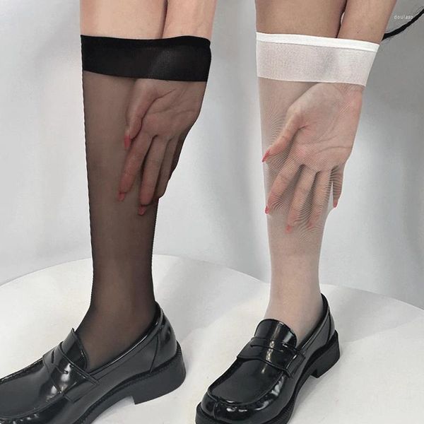 Calcetines de mujer Lolita verano seda rodilla tubo Jk niñas largo blanco negro medio calcetín medias transparentes de nailon