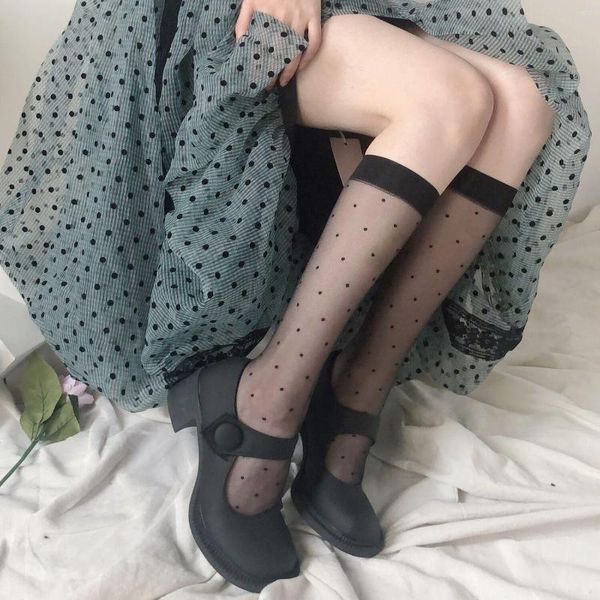 Femmes Chaussettes Lolita Sweet Girl Été Mince À Pois Noir Et Blanc Soie Veau JK Bas Tube