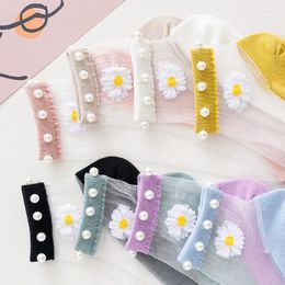 Chaussettes Lolita fines JK pour femmes, dentelle transparente avec perles, verre, soie, maille de coton, marguerite, cheville en Nylon