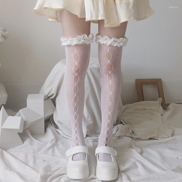 Chaussettes Lolita en dentelle blanche pour femmes, bas en maille, hauts, genoux, froufrous, filles, JK, bas longs et fins, robe de jambe, Calcetine Medias