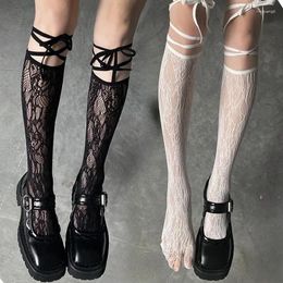 Chaussettes féminines Lolita Y2k bassages en mailles creux avec des orteils divisés en dentelle de forage Fishnet High Long Hosiery Female Sock