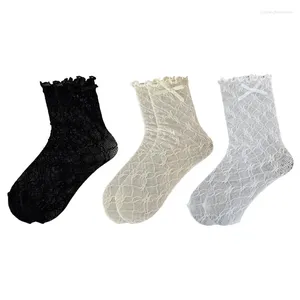 Chaussettes Lolitas à volants pour femmes, collants à nœud papillon, amples et fins, en maille d'été, à volants, cheville pour femmes, T8NB