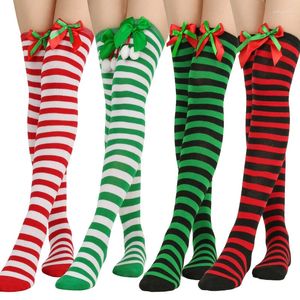 Vrouwen sokken lange katoenkousen kerst bowknot bal over de knie gestreepte voor meisjes dij hoog