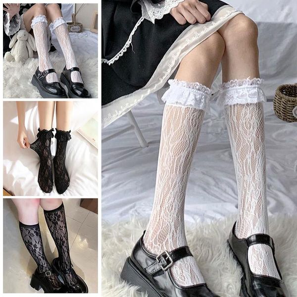 Chaussettes femmes Long Tube Lace Mesh SocksWhite Thin Over-Knee High-Tube Cuisse Middle-Tube Mollet Lolita Student JK