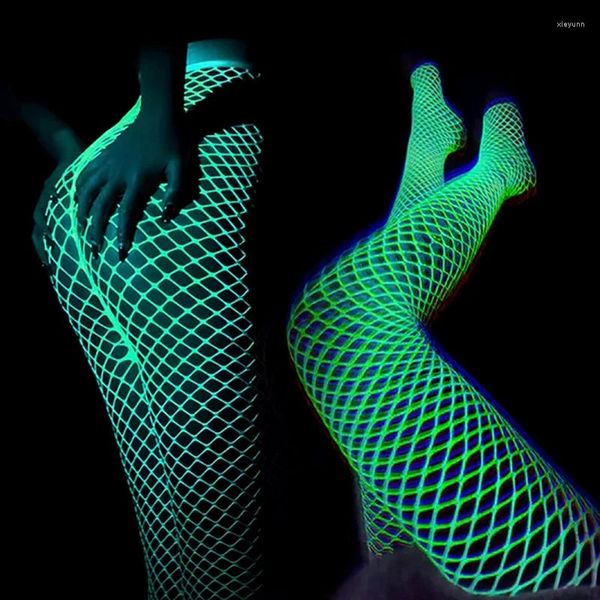 Calcetines de mujer luminosos y brillantes medias de rejilla que brillan en la oscuridad Leggings para medias de cintura alta