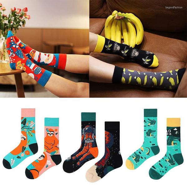 Femmes chaussettes hommes pour nouveauté créative drôle équipage Harajuku AB asymétrique coloré dessin animé imprimé Animal coton mi Tube