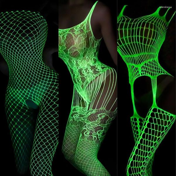 Calcetines de mujer Multi-estilo Resplandor en la oscuridad Medias de malla de entrepierna abierta Ahueca hacia fuera Ropa de red Lencería sexy Medias luminosas de cuerpo completo