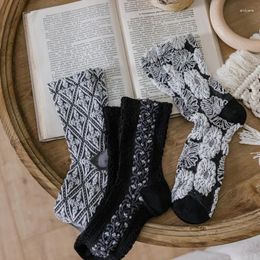 Women Socks National Court Style Stylings Black Series of Literature and Art Big Flower Niche Design Mid-Tube Women's