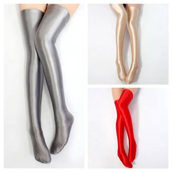 Chaussettes antidérapantes en Satin pour femmes, bas hauts, Sexy, brillants, soyeux, grande taille, longues, huile japonaise, brillante, lisse, longueur aux genoux