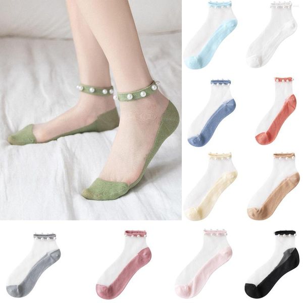 Femmes Chaussettes One Piece Femmes # 39; s Low Tube Solide Couleur Translucide Chaussette Casual Net Fil Perlé Transparent Cristal Mignon Court