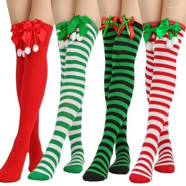 Calcetines de mujer sobre la rodilla Medias altas hasta el muslo con rayas diagonales navideñas con decoraciones navideñas con lazo