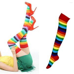 Chaussettes au dessus du genou pour femmes, bas longs en coton et Polyester, collants hauts, rayures colorées arc-en-ciel