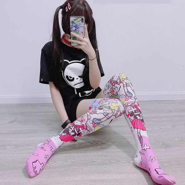 Femmes chaussettes sur les bas du genou Polyester mince drôle dessin animé long pour fille impression 3D japonais Kawaii haut bas de noël