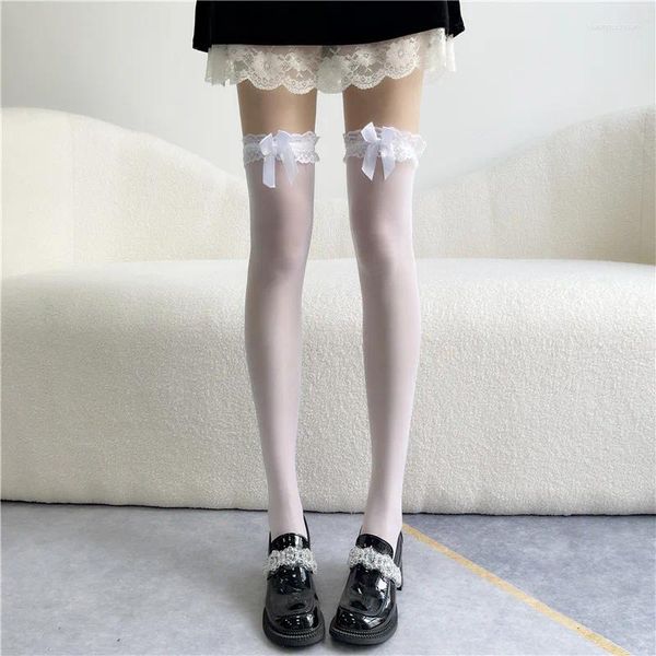 Chaussettes longues au dessus du genou pour femmes, bas Sexy en résille, japonais, blanc, haute soie, nœud en dentelle, cuisse Lolita