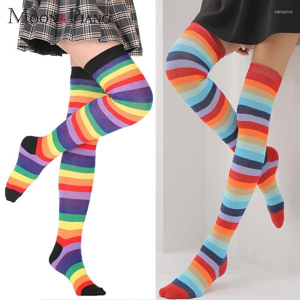 Femmes chaussettes sur le genou arc-en-ciel couleur rayé cuisse haute grande taille Long Tube mode chaud filles école scène Performance chaussette