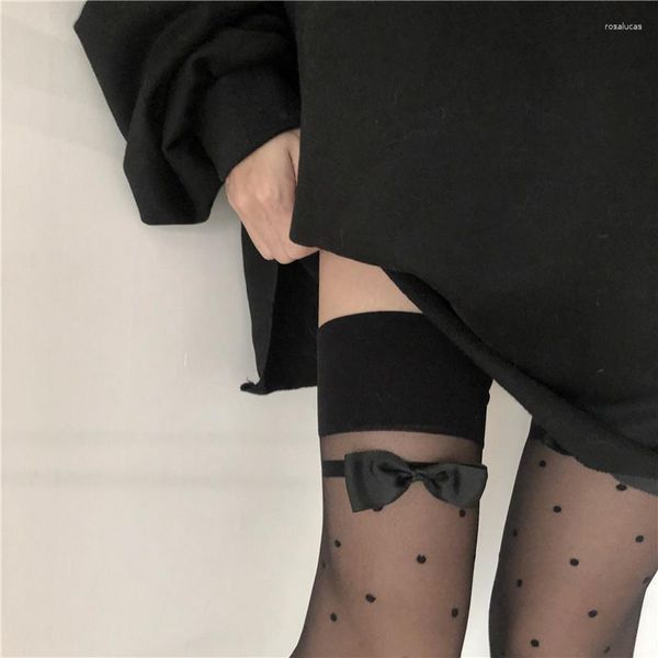 Calcetines de mujer, medias por encima de la rodilla, lazo fino para mujer, estampado de puntos Retro, Sexy, seda negra, calcetines bonitos japoneses