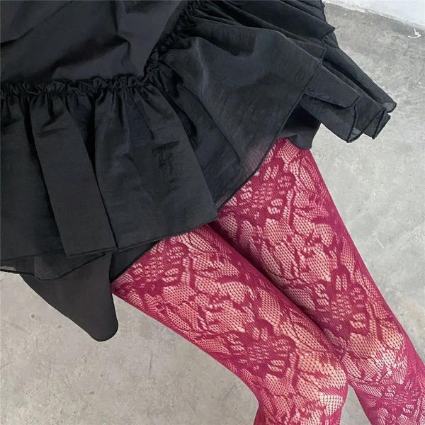 Calcetines de mujer pantimedias sexis rojo púrpura ahuecado malla rejilla muslo medias altas medias lencería medias cuerpo fiesta nocturna
