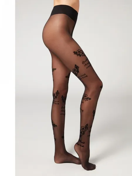 Chaussettes pour femmes collants maille noire pour femmes broderie florale transparente mode sexy automne et hiver bas imprimés floqués façonnage des jambes