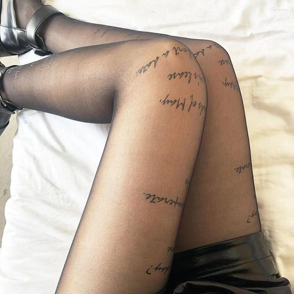 Femmes de fête de fête cadeau en nylon lettre de femme transparent inscriptions avec des collants à motifs de tatouages