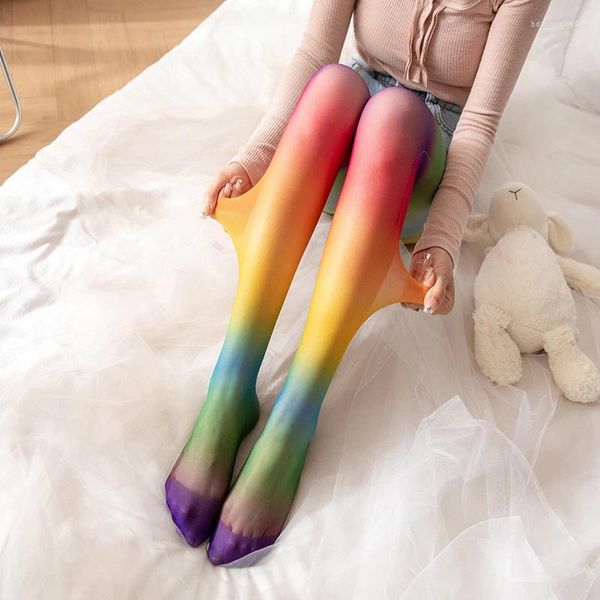 Chaussettes personnelles et Sexy pour femmes, bas arc-en-ciel, fines rayures, épissure, dégradé de couleurs, collants serrés, Kawaii Lolita