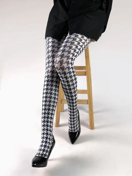 Femmes Personnalités Pixel Style noir blanc dames houndstooth imprimer cantyhose damier papillon rétro collants sexy en nylon sexy