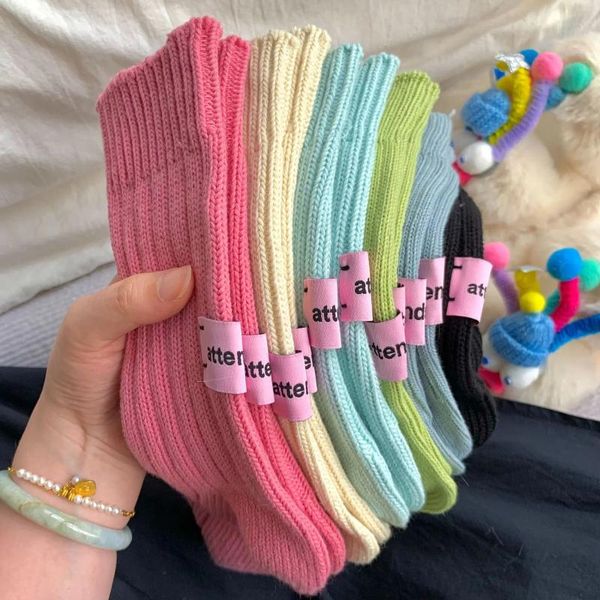 Chaussettes pour femmes, étiquette rose, fil épais solide, Double aiguille, manches moyennes, pour hommes et Couples, sport rétro empilé, pur coton