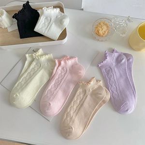 Chaussettes courtes en coton pour femmes, rose, violet, JK, Lolita, Kawaii, mignonnes, à volants, fines, respirantes, coupe basse, bateau à la cheville, Sox pour filles douces