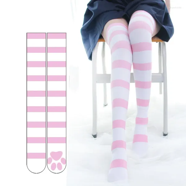 Calcetines de mujer con tira rosa, medias con estampado de pata de gato Kawaii, terciopelo gótico Lolita por encima de la rodilla, hasta el muslo, largo JK