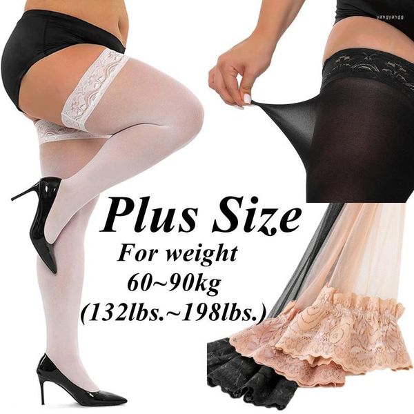 Femmes chaussettes grande taille bas Sexy cuisse haute dentelle exotique pour le sexe résille noir avec anti-dérapant sur le genou