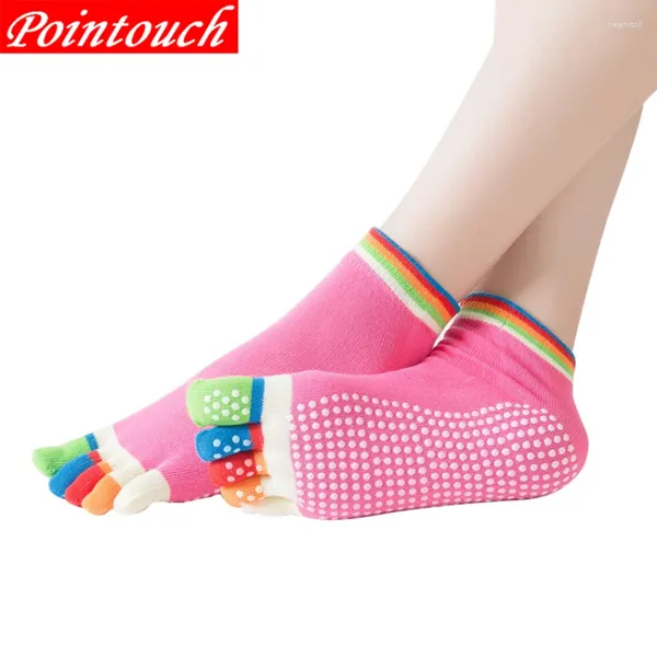 Chaussettes de Sport en coton Pointouch pour femmes, fond rose, antidérapantes, bout antidérapant, cinq doigts, respirantes, pour filles