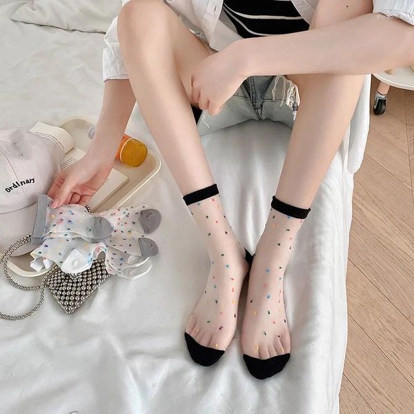 Femmes chaussettes à pois cristal soie filles dentelle transparente japonais Kawaii mignon élastique été Ultra-mince longue