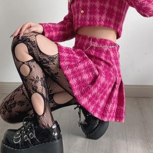 Calcetines de mujer Punk Black Fishnet Pantyhose Irregular Ripped Hole Floral Sexy Mesh Tights