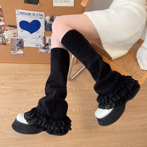 Chaussettes Punk en dentelle noire foncée pour femmes, au-dessus du genou, tricot chaud d'hiver Y2K, couvre-bottes Harajuku, poignets de bottes japonais JK Lolita