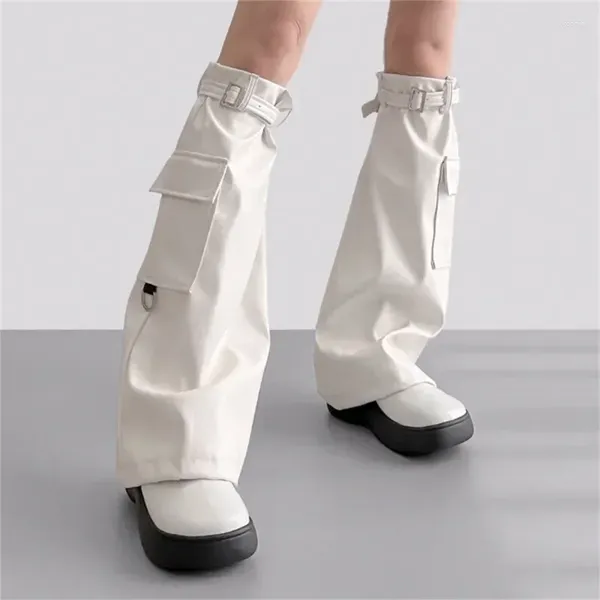 Calcetines de mujer Punk botas altas pierna de Metal con hebilla bolsillos cubierta Harajuku rodilla PU gótico cuero calentadores largos