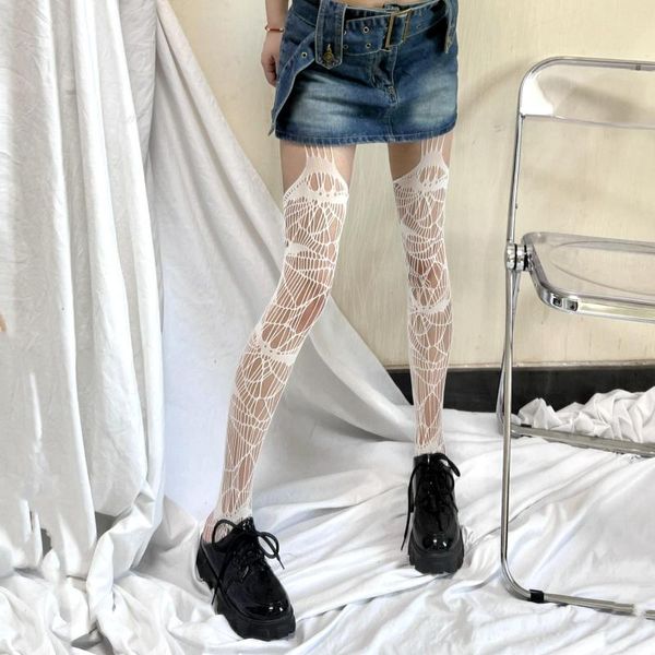 Calcetines de mujer Punk Spice Girl Black Suspender All-in-one Fishnet Irregular Hollow Out Sexy Lace Over-the-knee Medias White