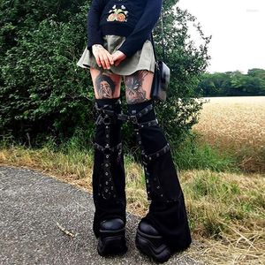 Femmes chaussettes Style Punk cheville jambières noir boucle en métal chauffe tricoté haut genou Legging botte pour