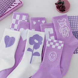 Femmes chaussettes violet / blanc grand amour fleur lattice mignon fille mid tube kawaii étudiant sport jk lolita simple mode