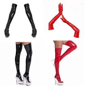 Chaussettes en PVC pour femmes, bas, gants, Lingerie Sexy, boîte de nuit, genou brillant, Latex PU