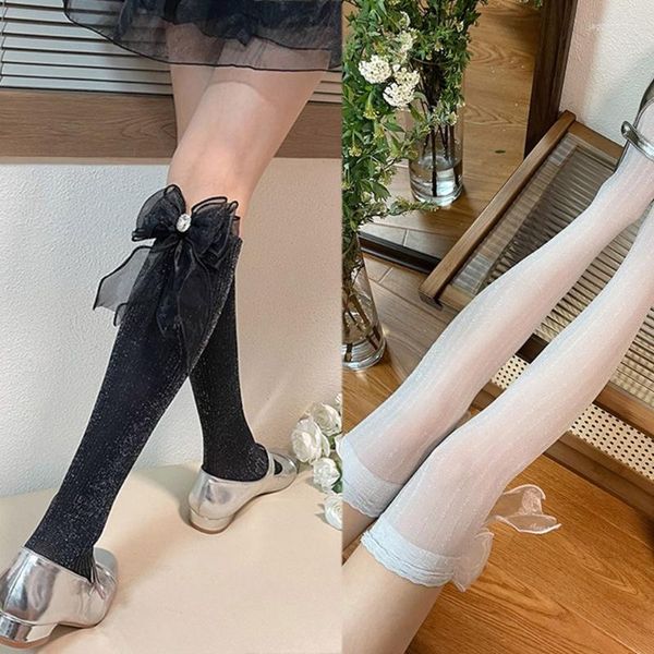 Calcetines de mujer Q1FA Medias a rayas brillantes con lazo lindo princesa sobre la rodilla largo