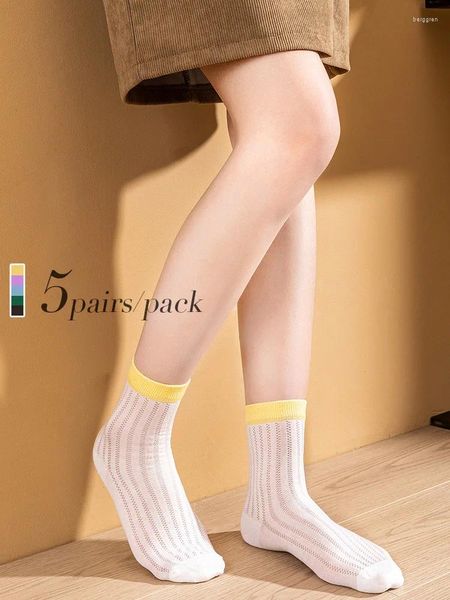 Femmes chaussettes de qualité de soie d'été coton 5 paires ensembles de couleurs bloque de couleur ouverte de travail mince douce fraîche respirante mignonne pour fille 5 paires / pack